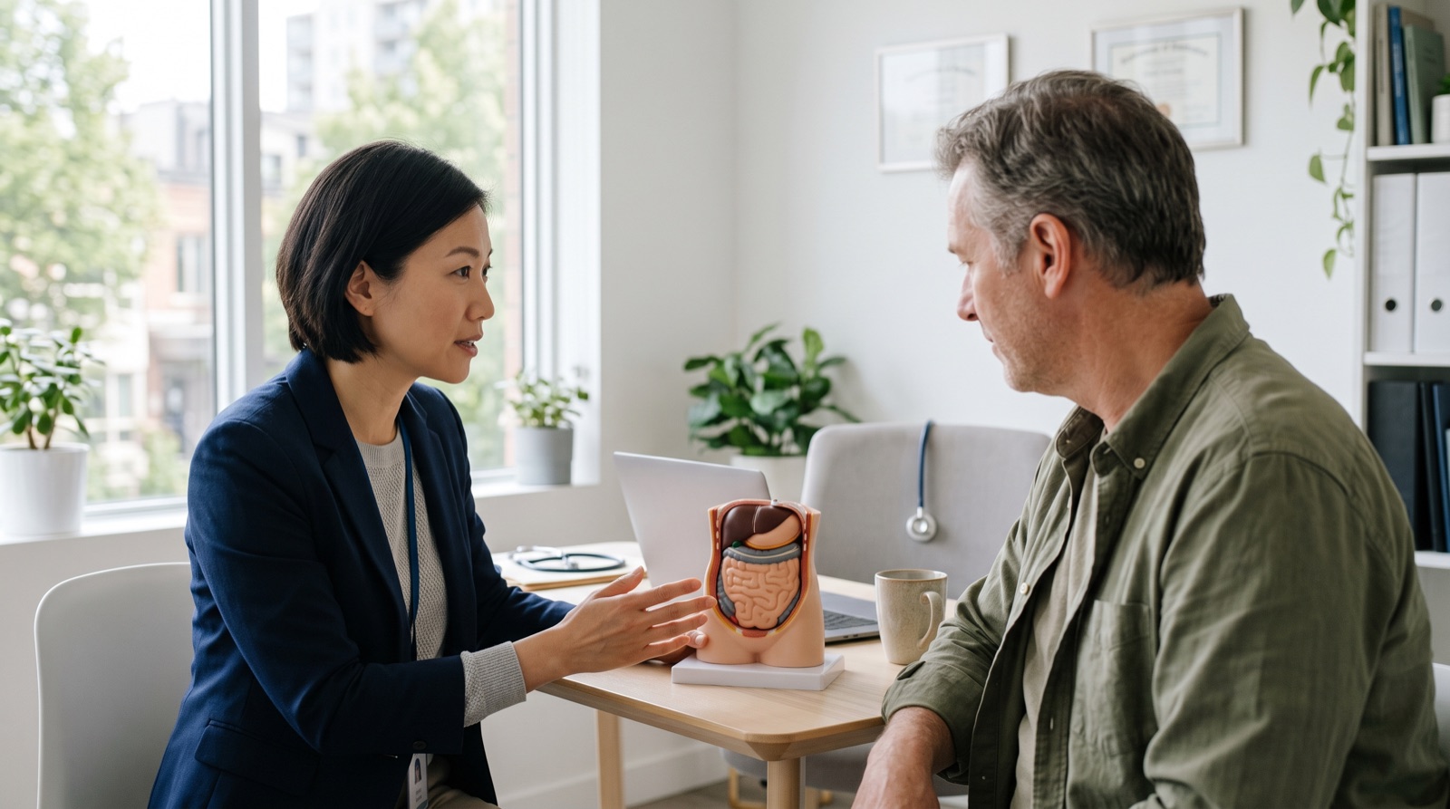 A clinician using an anatomical model to explain the abdominal wall to a patient during a consultation