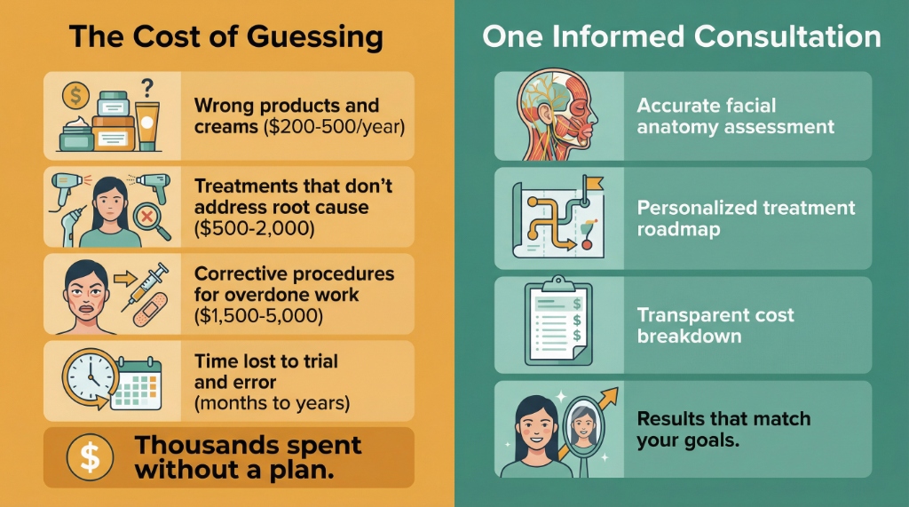 Infographic comparing the cost of guessing with wrong products and treatments versus one informed consultation with Dr. Roldan