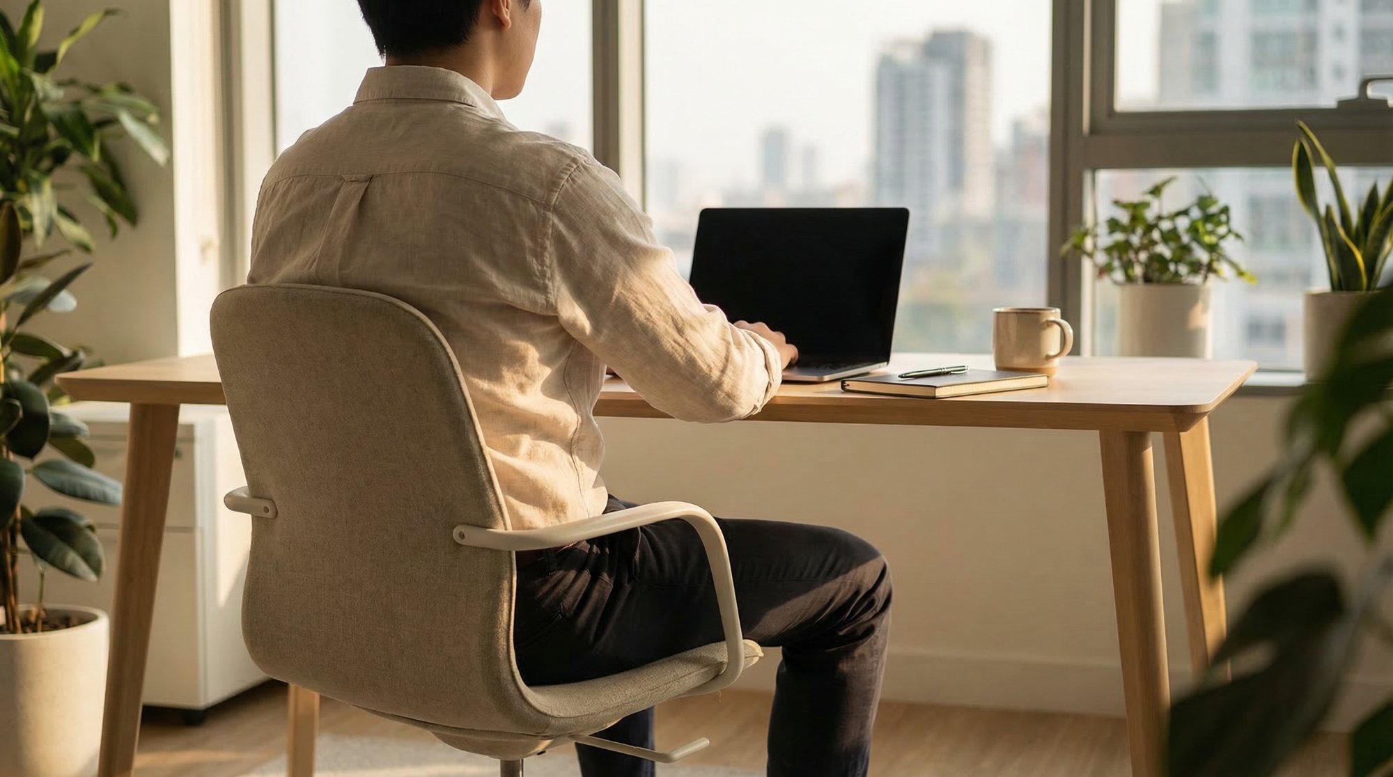 Young professional sitting comfortably at a desk, the everyday reality for pilonidal cyst patients
