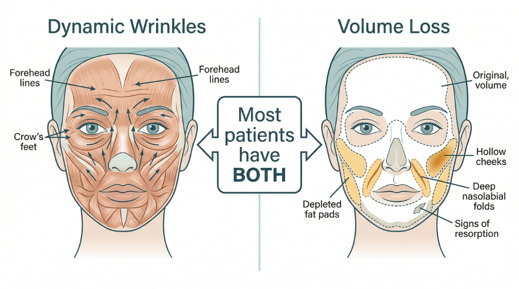 Medical illustration comparing dynamic wrinkles caused by muscle contraction versus volume loss from depleted fat pads, with a centre callout showing most patients have both