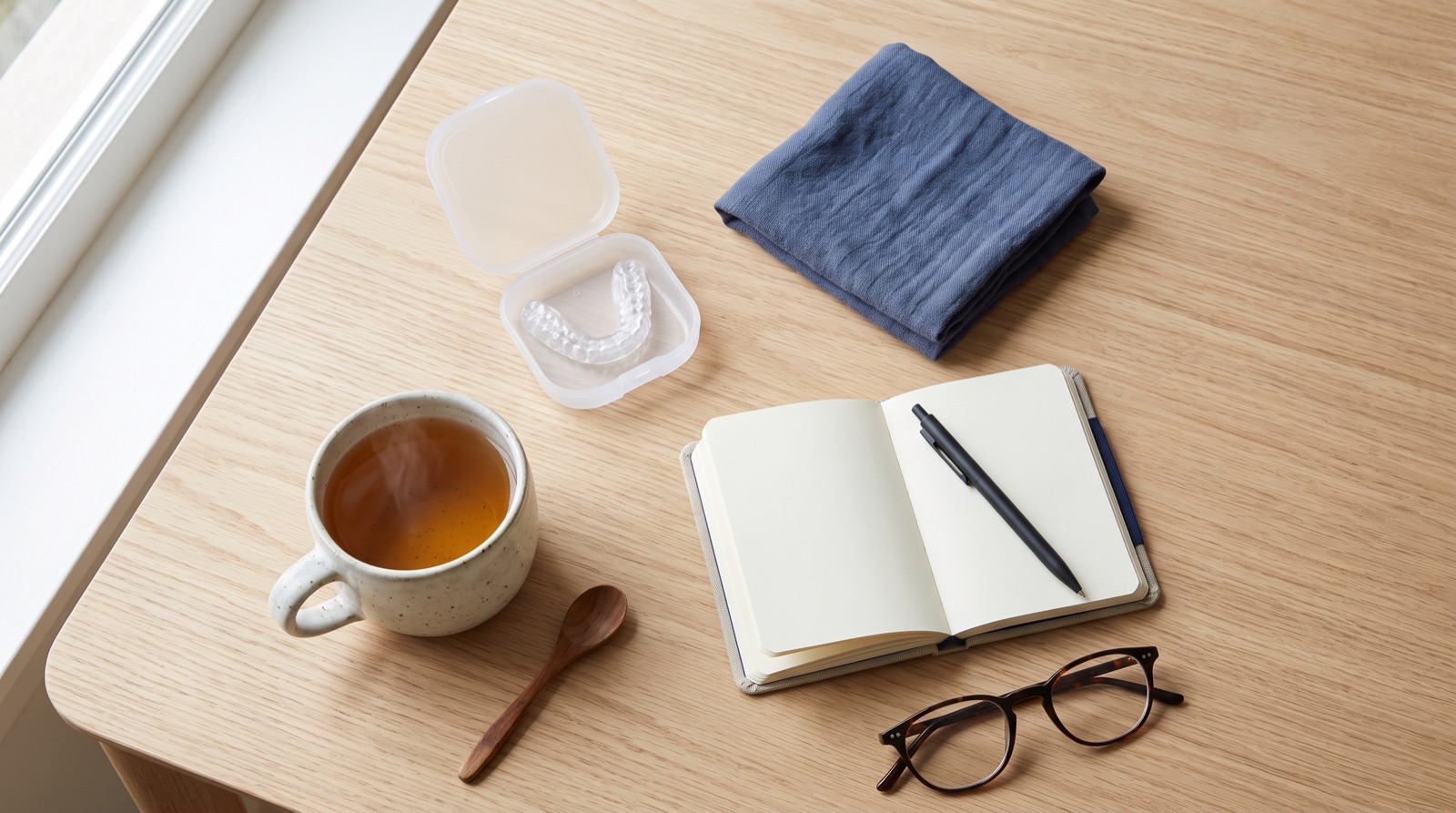 A table with a night guard in its case, a folded cloth for a warm compress, an open notebook with a pen, a cup of tea, and reading glasses