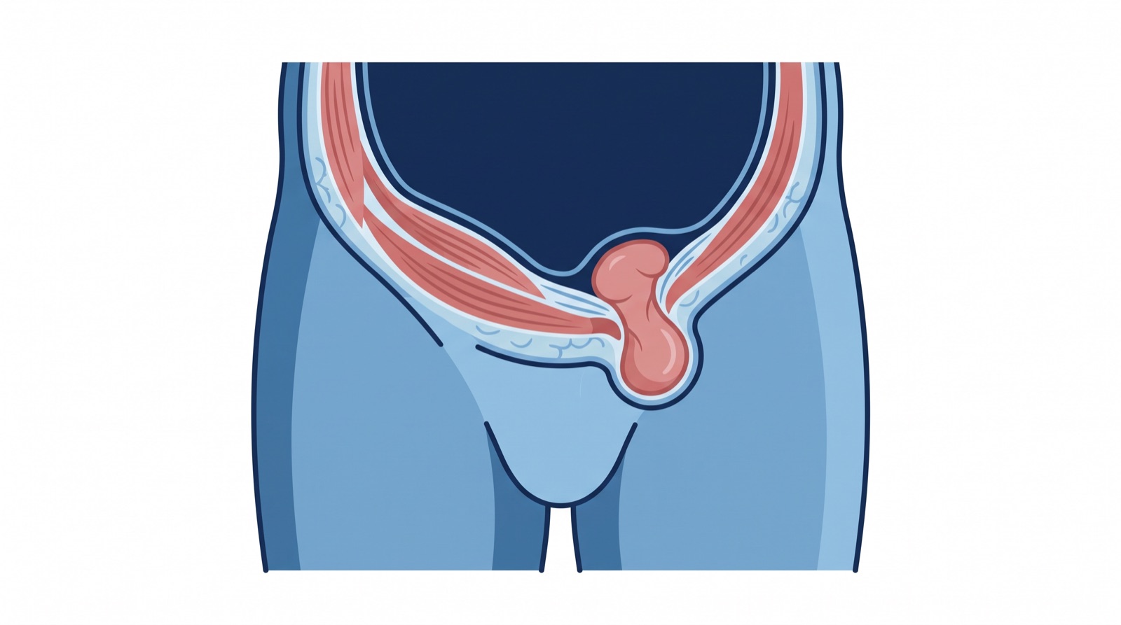 Cross-section illustration of an inguinal hernia, with soft tissue pushing through a weak spot in the lower abdominal wall near the groin