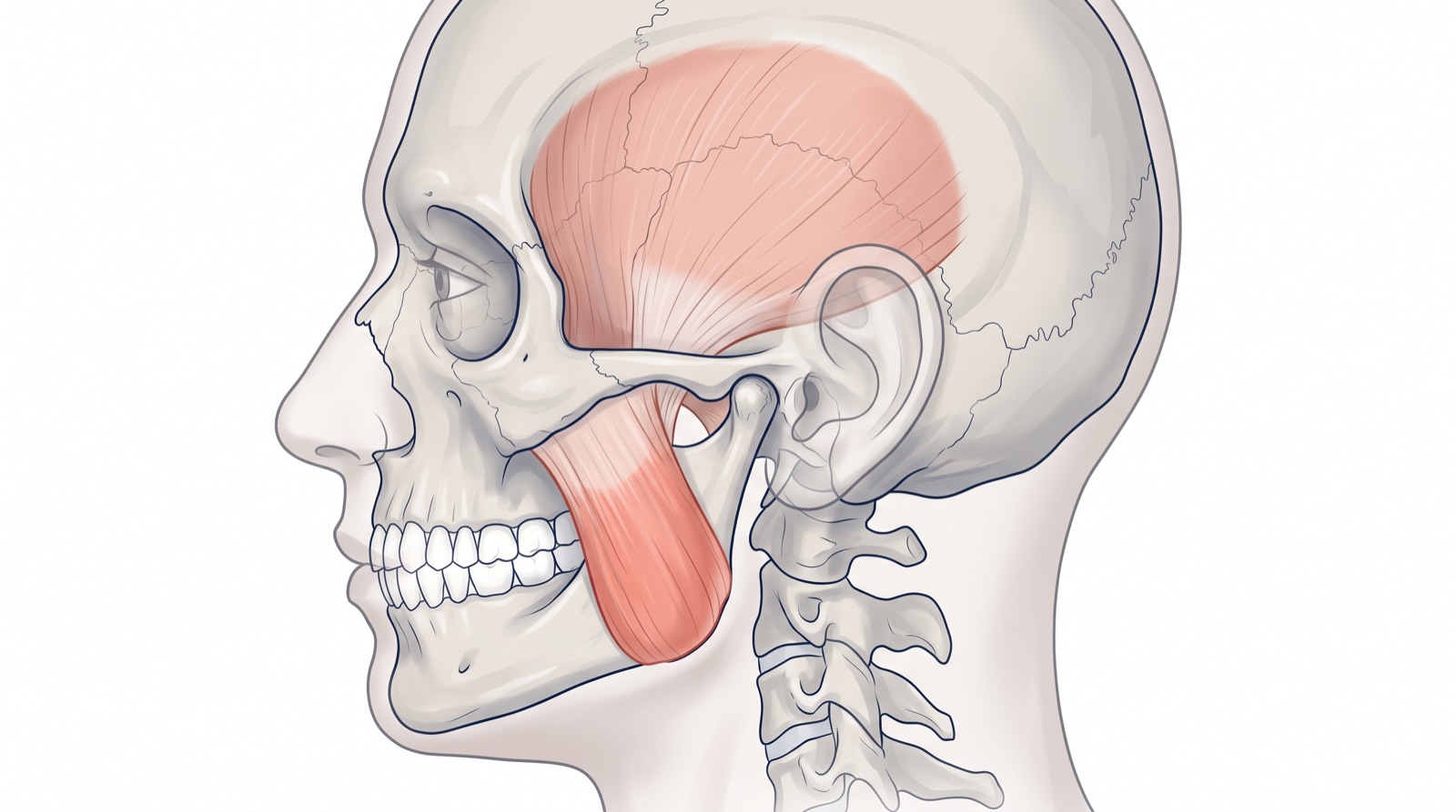Illustration of the side of the head showing the jaw joint in front of the ear, the masseter muscle running from the cheekbone to the angle of the jaw, and the fan-shaped temporalis muscle at the temple