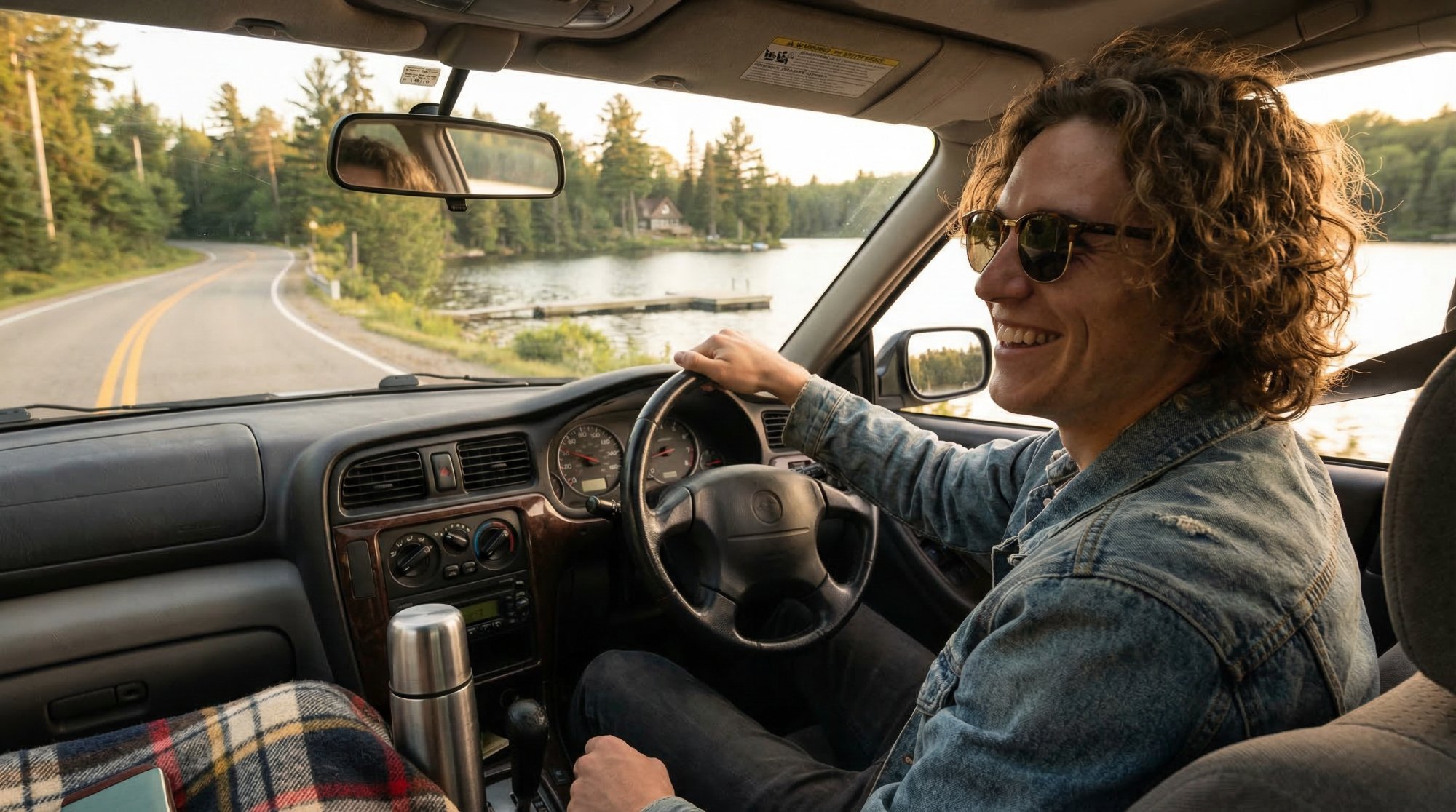 Young man driving comfortably along a Muskoka lakeside road, smiling, the freedom of life without pilonidal pain