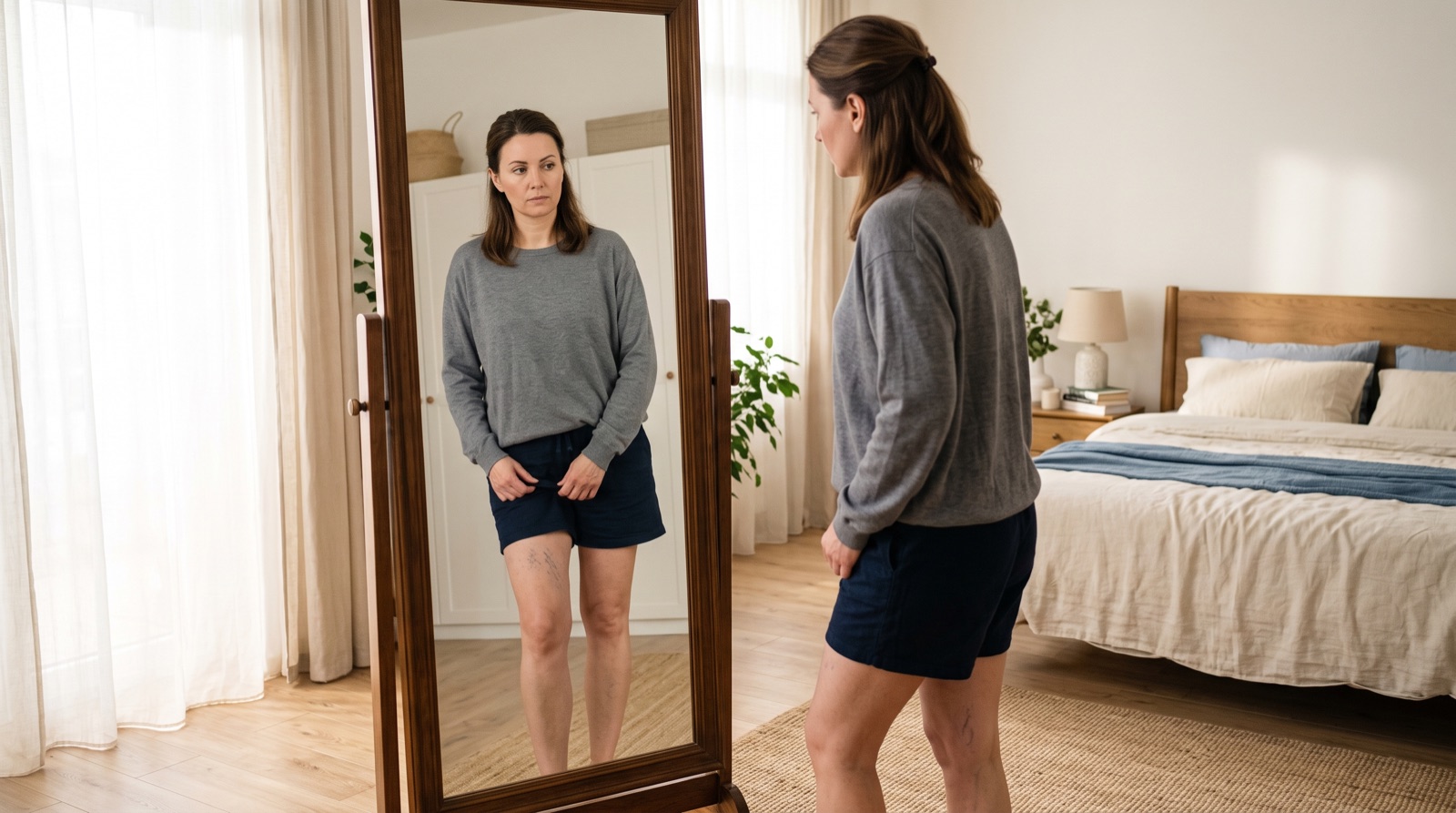 Woman noticing thin spider veins on her thigh in a mirror at home