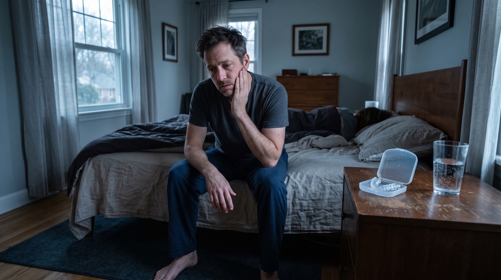 A man sitting on the edge of his bed at dawn, rubbing the side of his jaw, with a night guard case and a glass of water on the nightstand