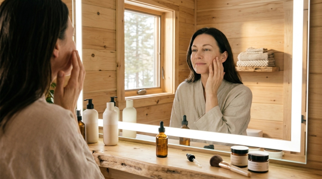 Woman applying skincare in front of a well-lit vanity mirror in a bright, wood-accented Muskoka-style bathroom