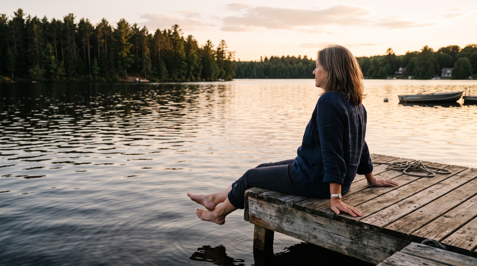 Woman relaxing on a lakeside dock in Muskoka at golden hour