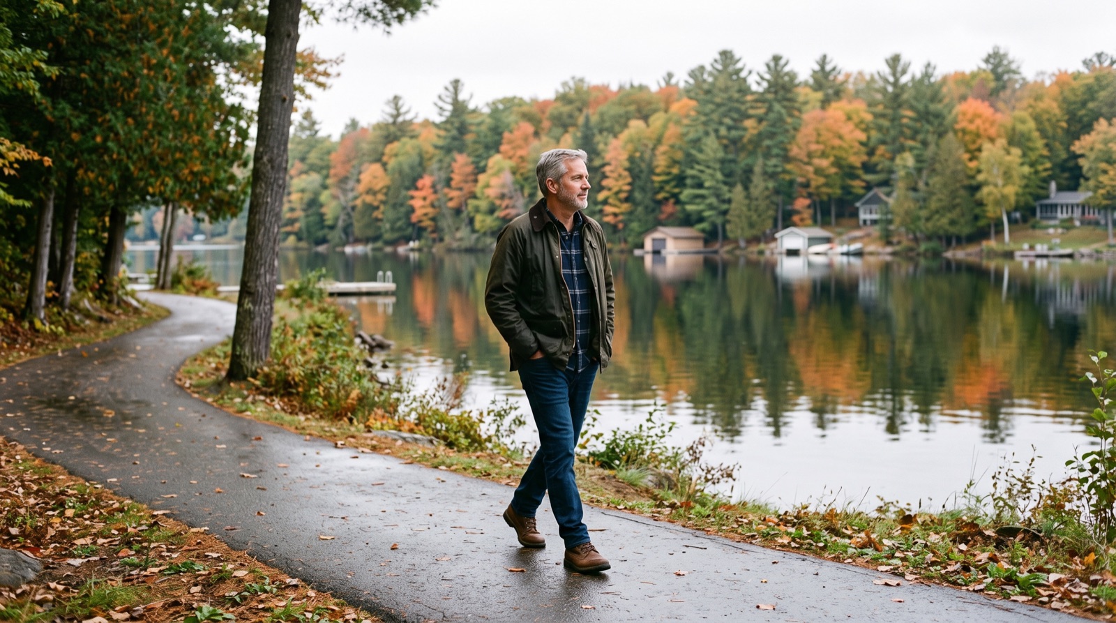 A man taking an easy walk along a lakeside path in Muskoka in early autumn