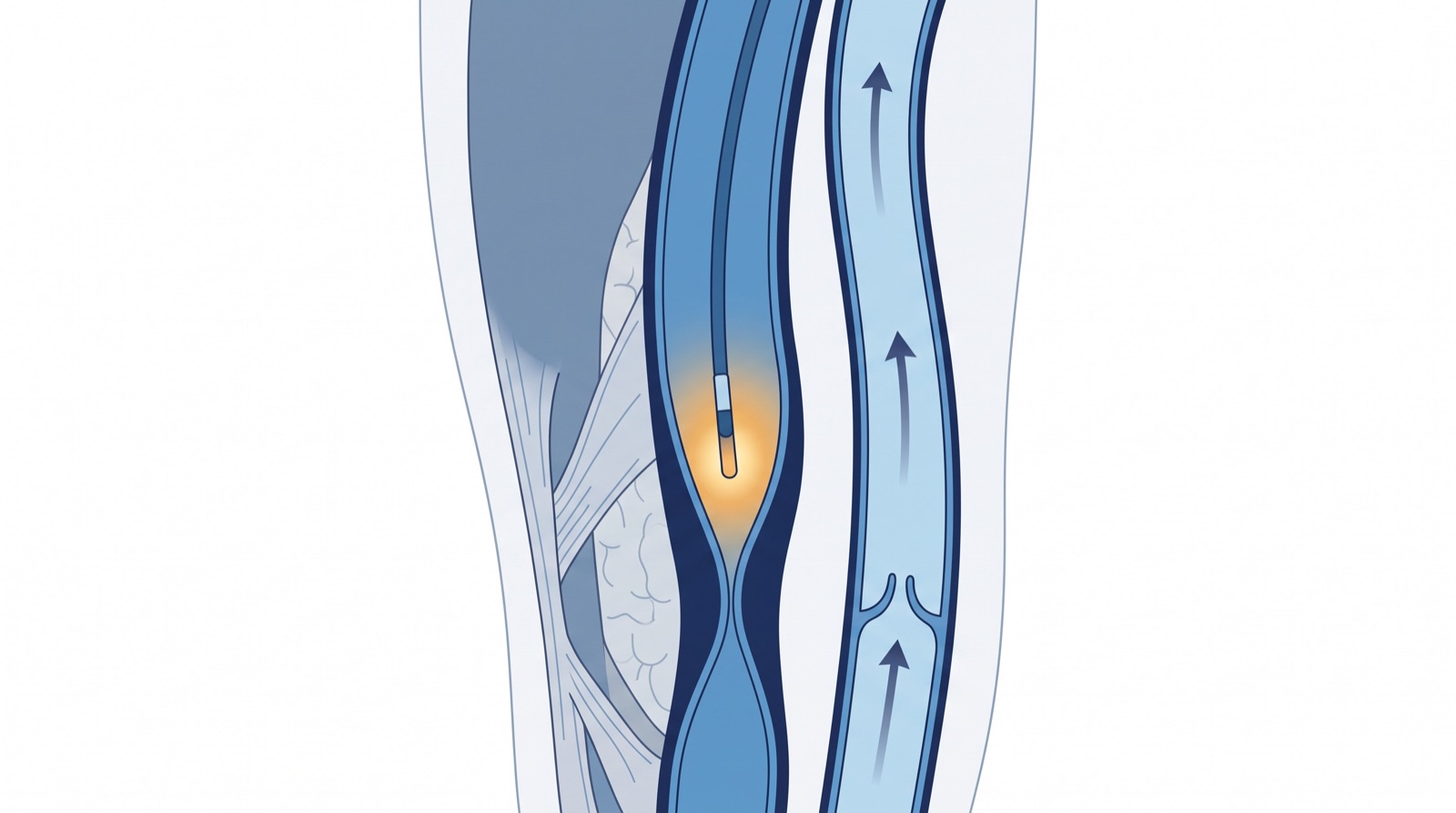 Illustration of a radiofrequency catheter sealing a failed vein while healthy veins carry flow upward
