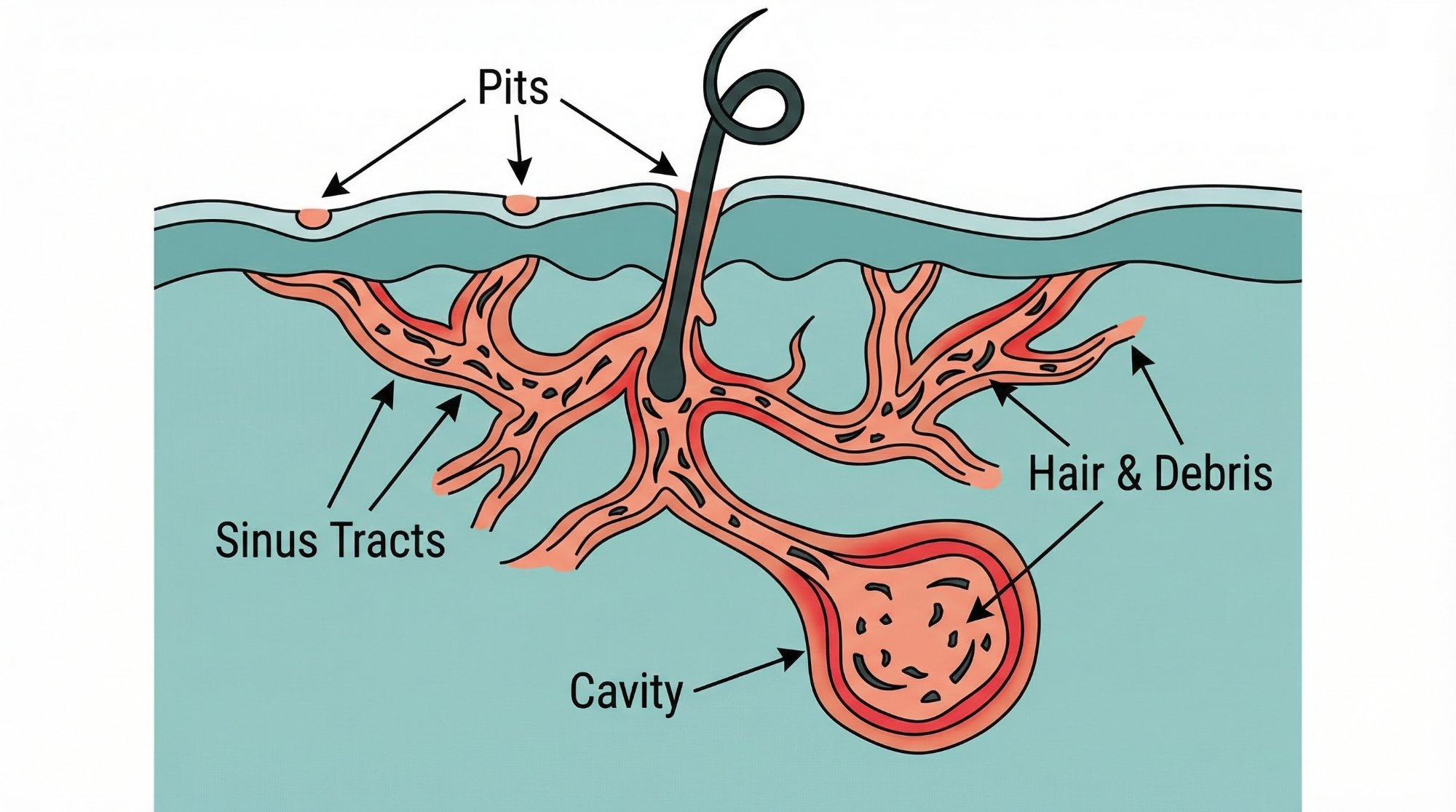 Medical cross-section diagram showing pilonidal sinus anatomy: pits on the skin surface, sinus tracts branching beneath, hair and debris accumulation, and the pilonidal cavity