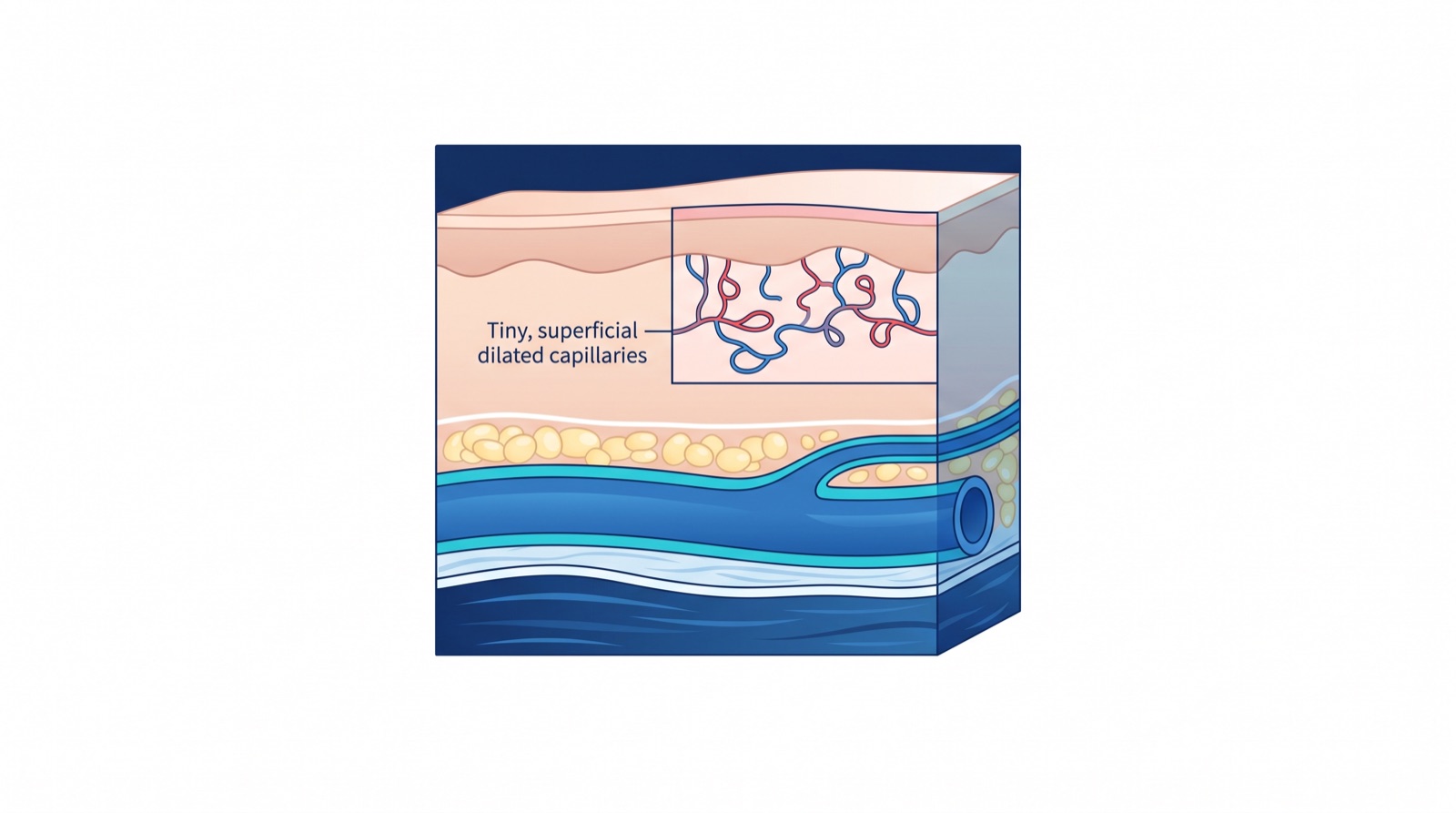 Cross-section of leg skin showing surface capillaries above a larger deep vein