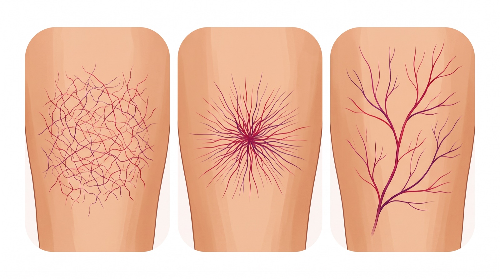 Three common spider vein patterns: web, starburst, and branching
