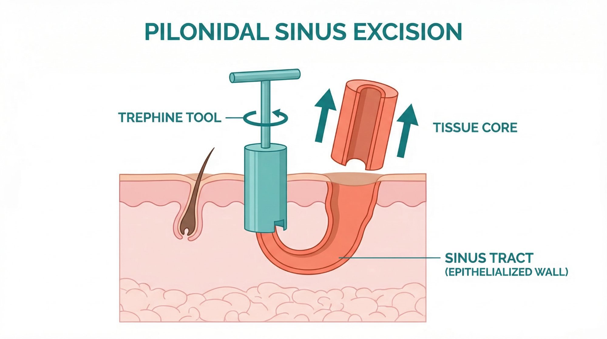 Step 2: Trephine tool coring out a cylindrical tissue core, removing the sinus tract and its epithelialized wall