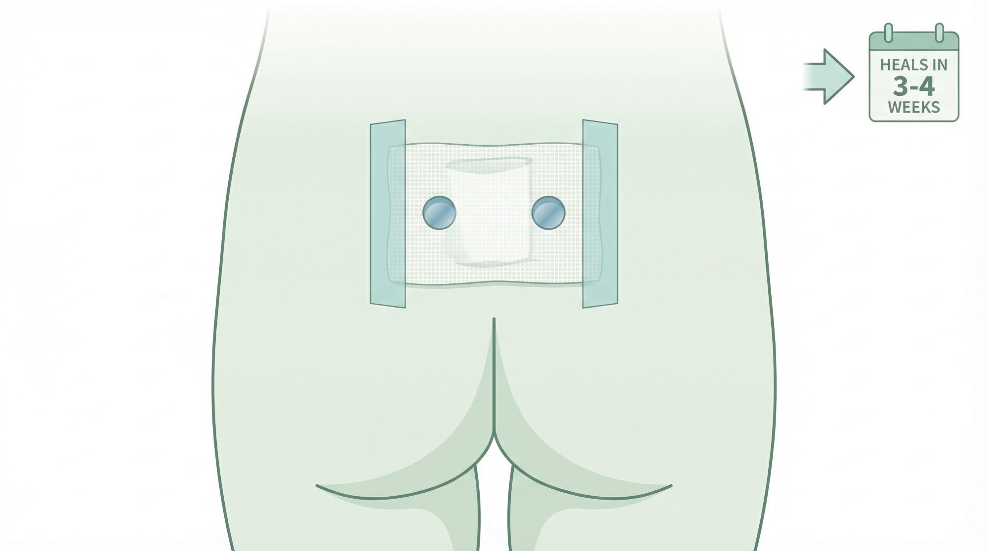 Step 4: Light bandage covering small trephine openings. Calendar icon indicates healing in 3-4 weeks. No sutures needed.