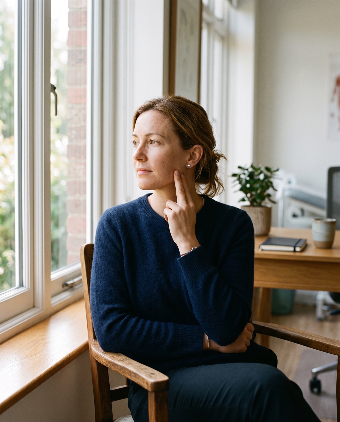 A woman sitting by a window in a consultation room, resting two fingertips on the angle of her jaw