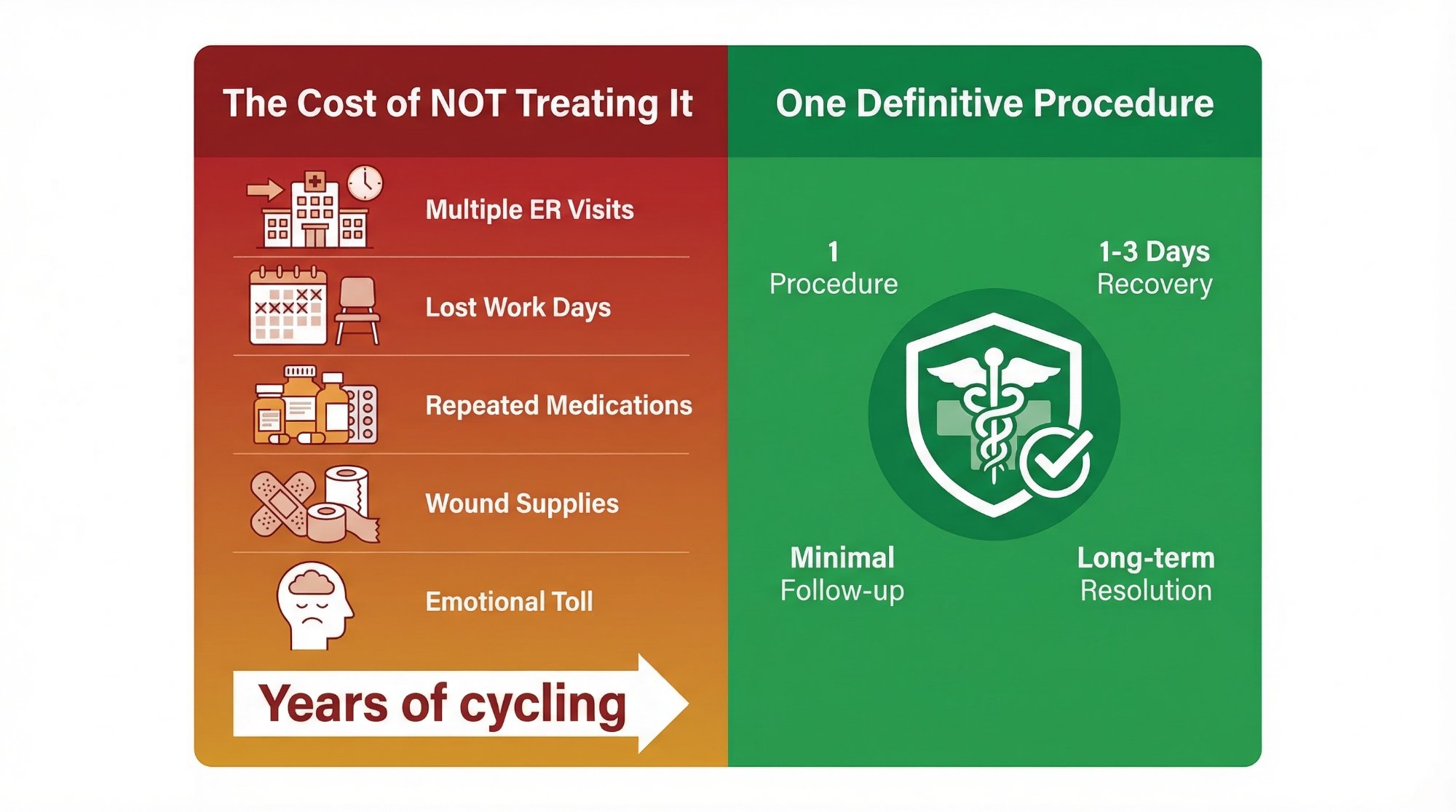 The Cost of NOT Treating It: Multiple ER visits, lost work days, repeated medications, wound supplies, emotional toll. Years of cycling. Versus One Definitive Procedure: 1 procedure, 1-3 days recovery, minimal follow-up, long-term resolution.