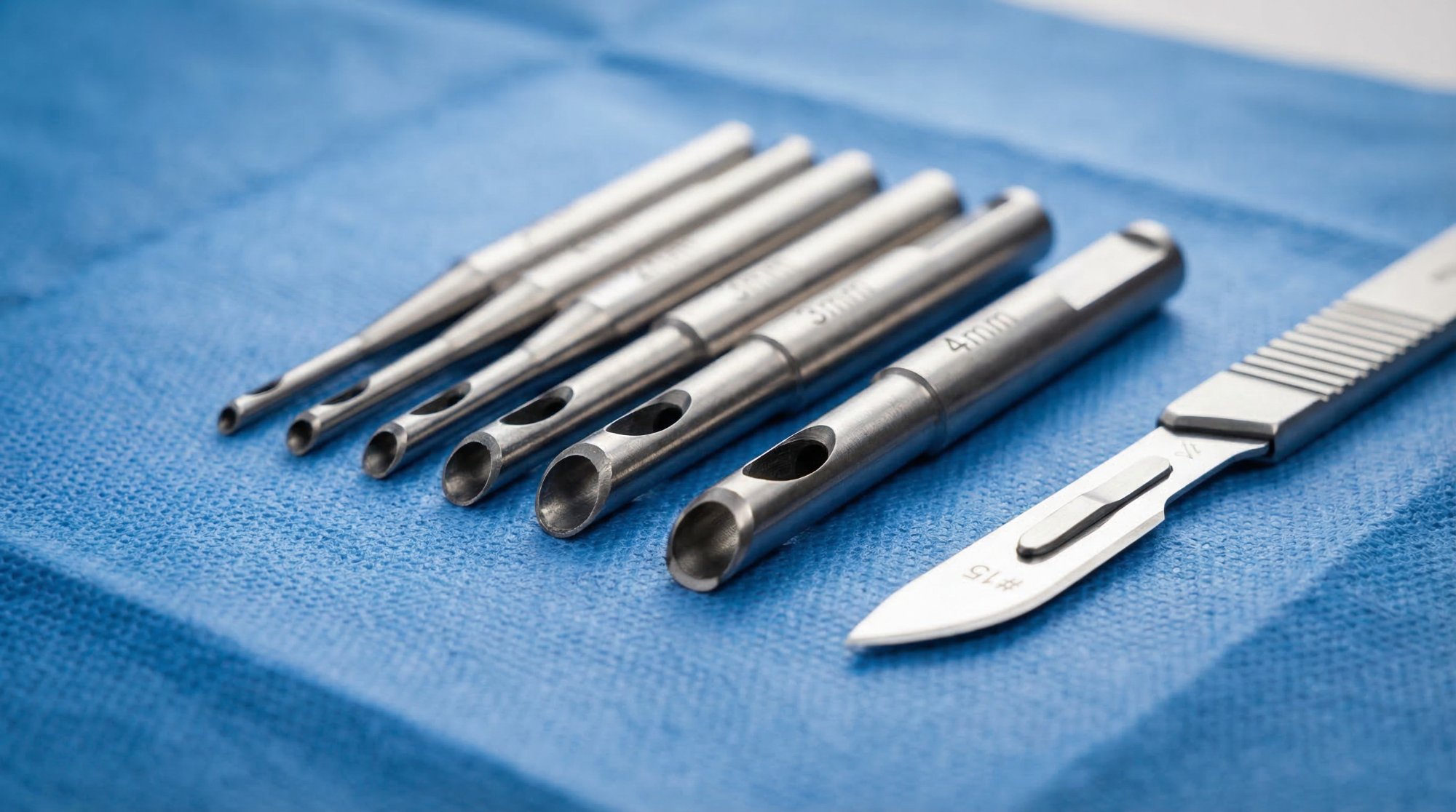 Surgical trephine instruments of various sizes arranged on a sterile blue drape alongside a small scalpel, the precision tools used in the Gips procedure