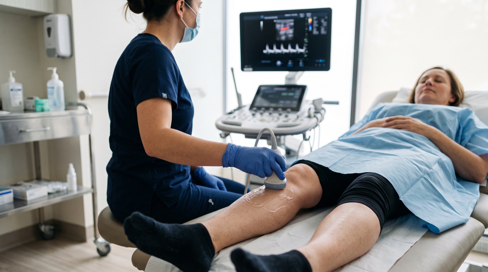 Clinician performing a duplex ultrasound scan on a patient's lower leg