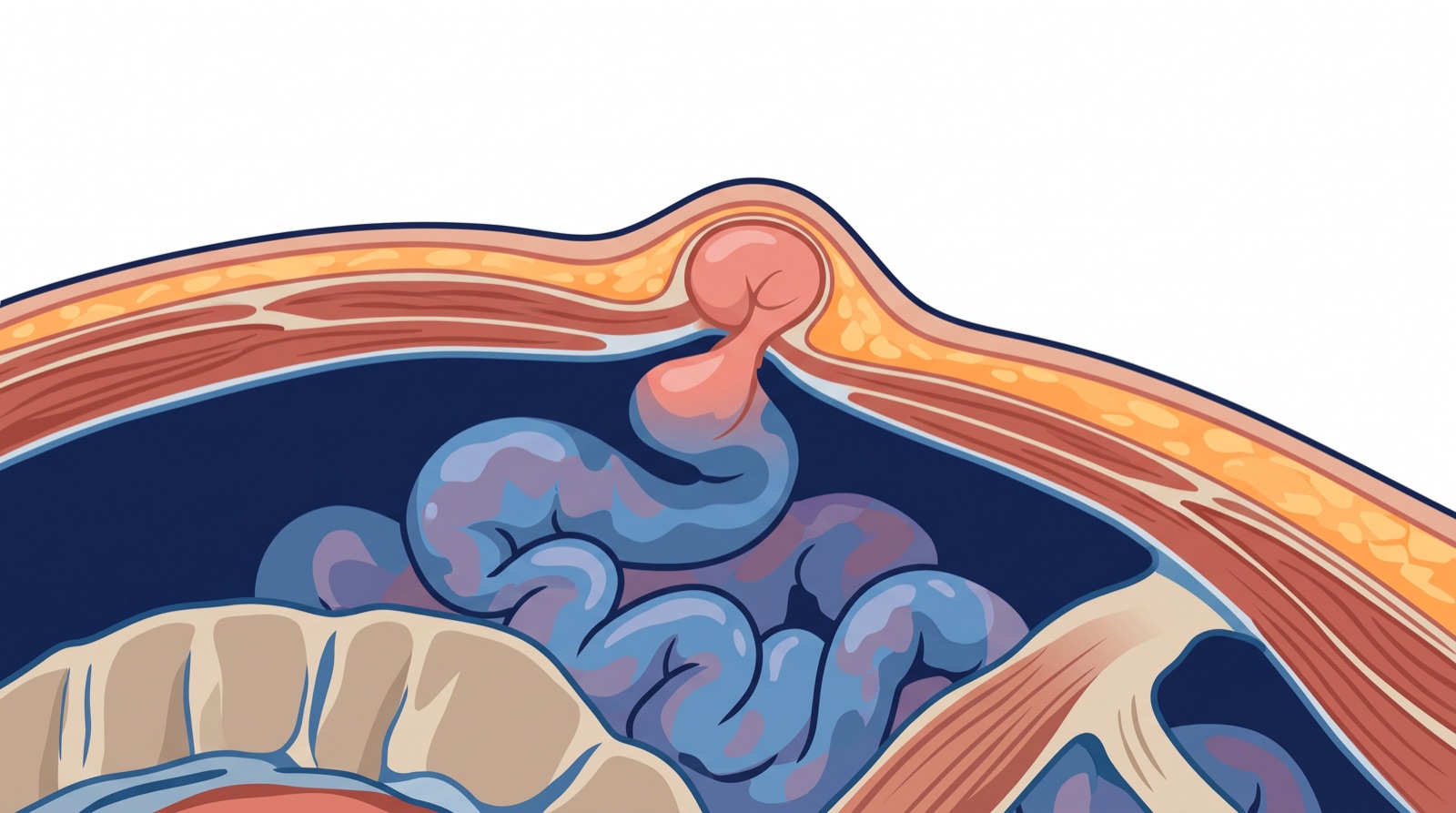 Cross-section illustration of an umbilical hernia, with a small loop of tissue pushing through the abdominal wall at the belly button