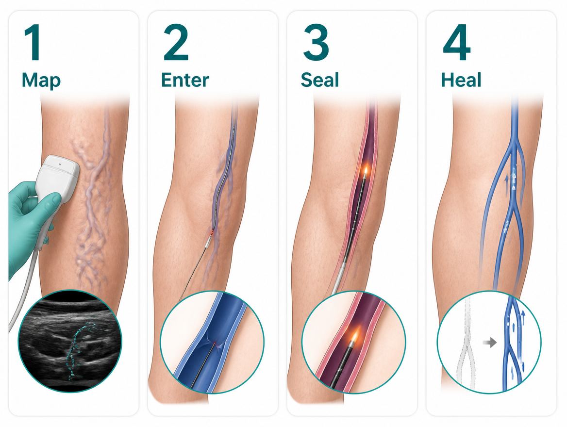 Diagram showing the stages of a radiofrequency vein treatment