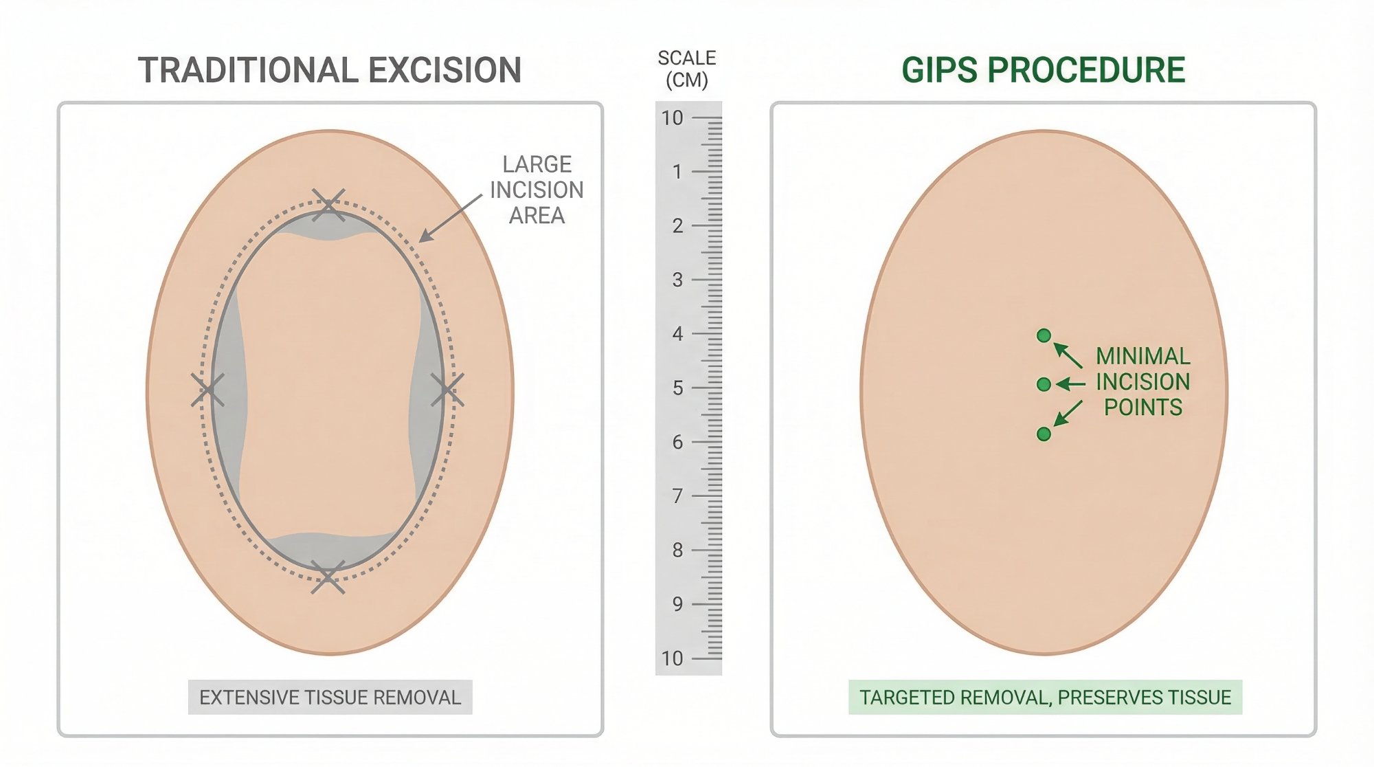 Wound size comparison: Traditional Excision with large incision area and extensive tissue removal vs. Gips Procedure with minimal incision points and preserved tissue. Scale ruler shows the dramatic size difference.